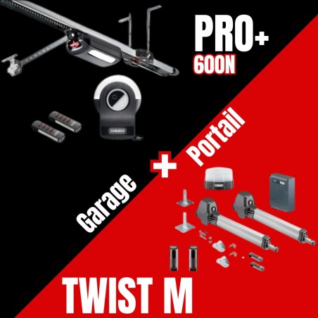 Kit GARAGE + PORTAIL BATTANT - PRO+ 600N S3 + TWIST M S3 (390mm) 2 vérins (300 Kg/vantail)+2 x4018+cellules+feu